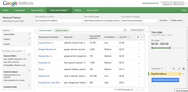 google adwords keyword planner tool